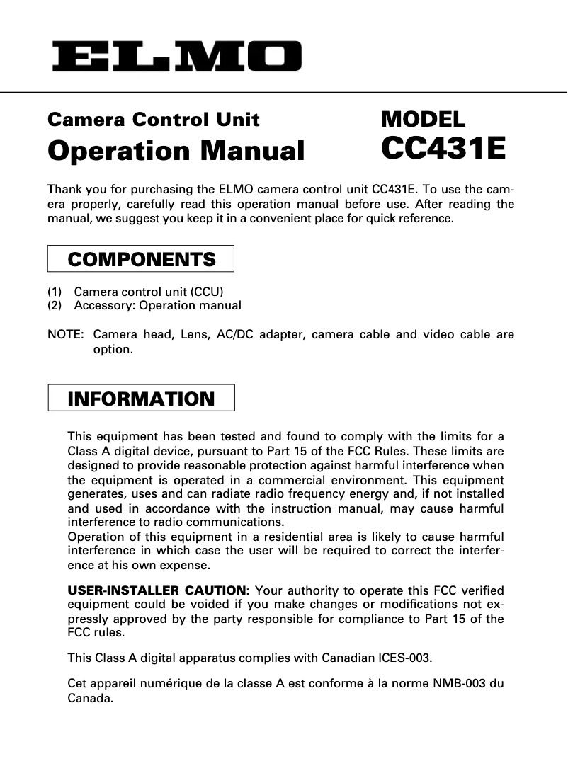 First page image of the manual for CC431E