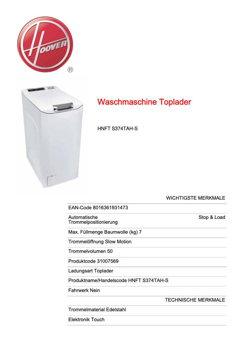 First page image of the manual for HNFT S374TAH-S