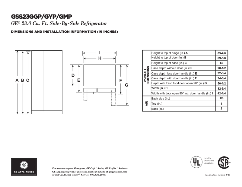 Page 1 of the manual Technical Sheet GE GSS23GGPWW
