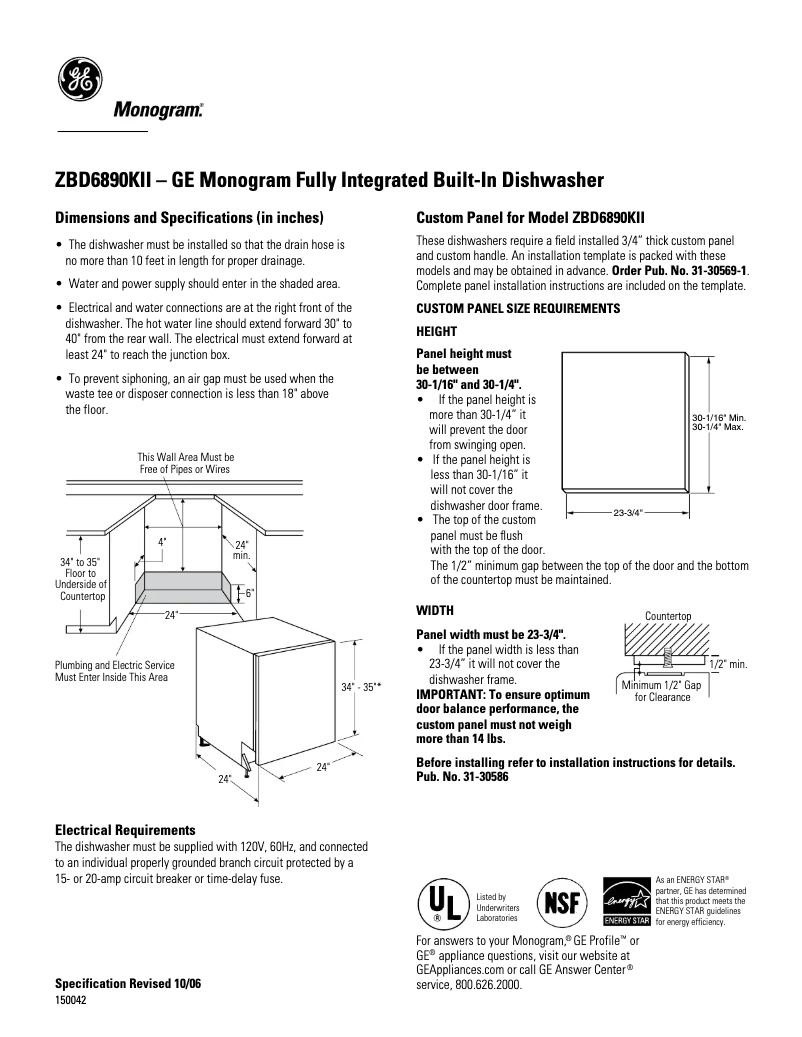 Page 1 of the manual Technical Sheet GE ZBD6890KII