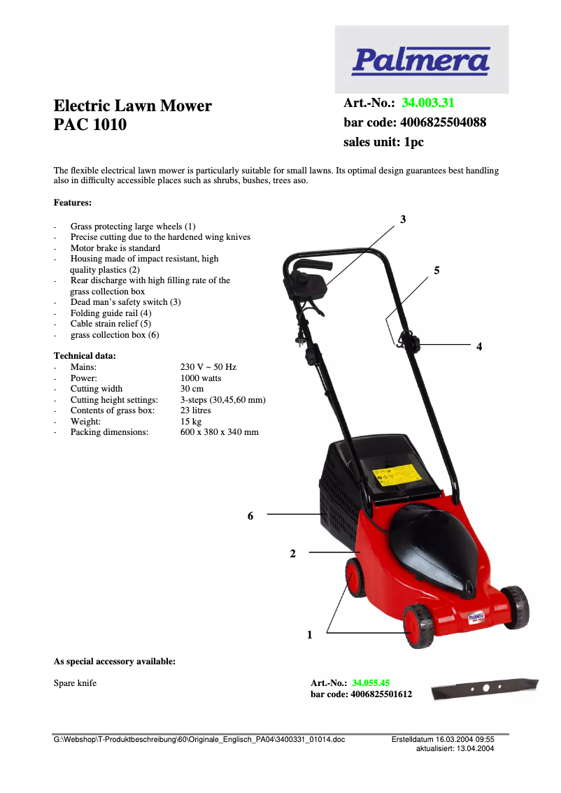 Page 1 of the manual Technical Sheet Palmera PAC 1010