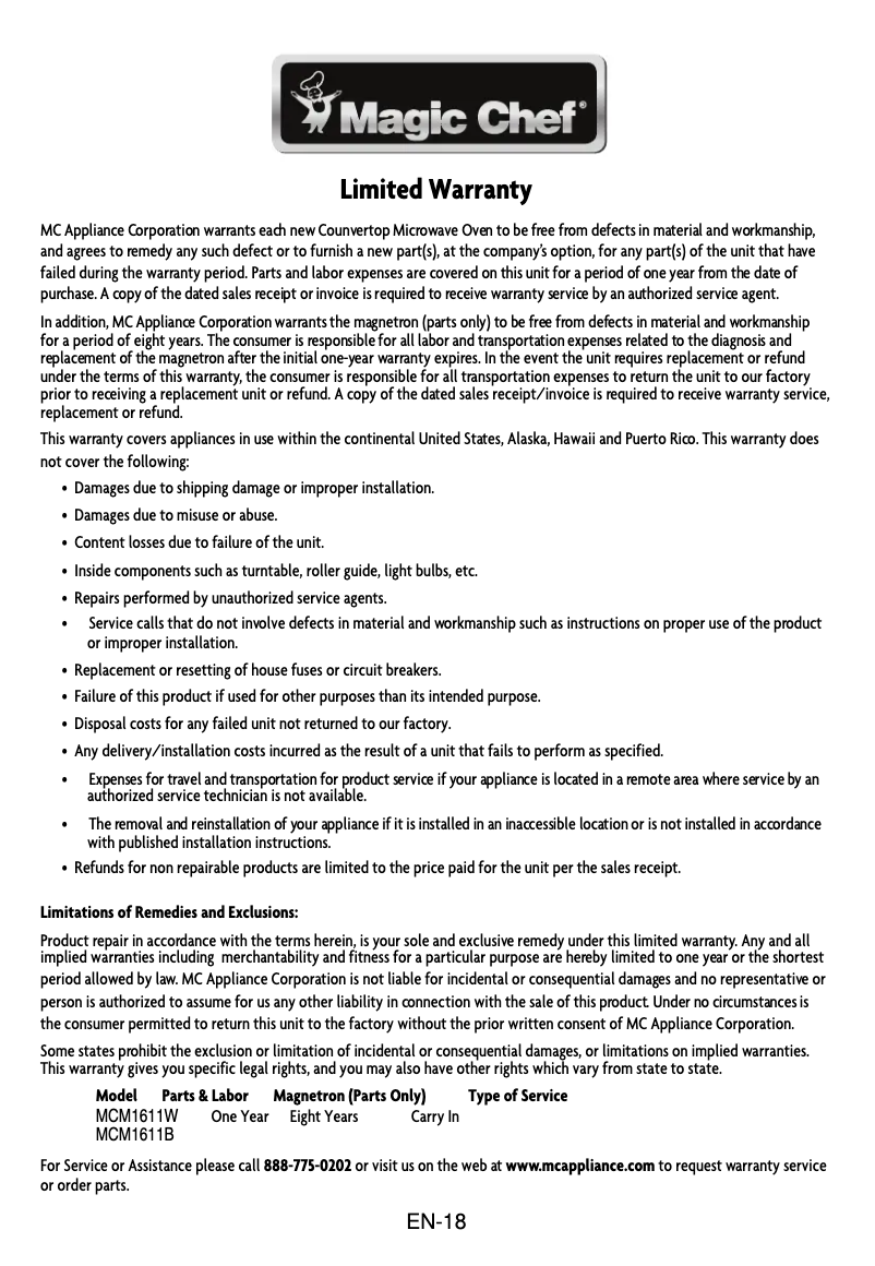 Page 1 of the manual Warranty Information Magic Chef MCM1611W
