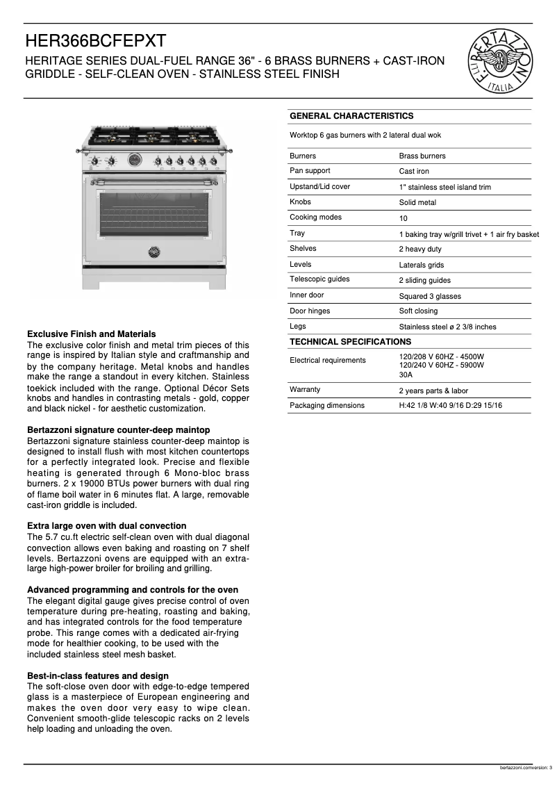 Page 1 of the manual Technical Sheet Bertazzoni HER366BCFEPXT