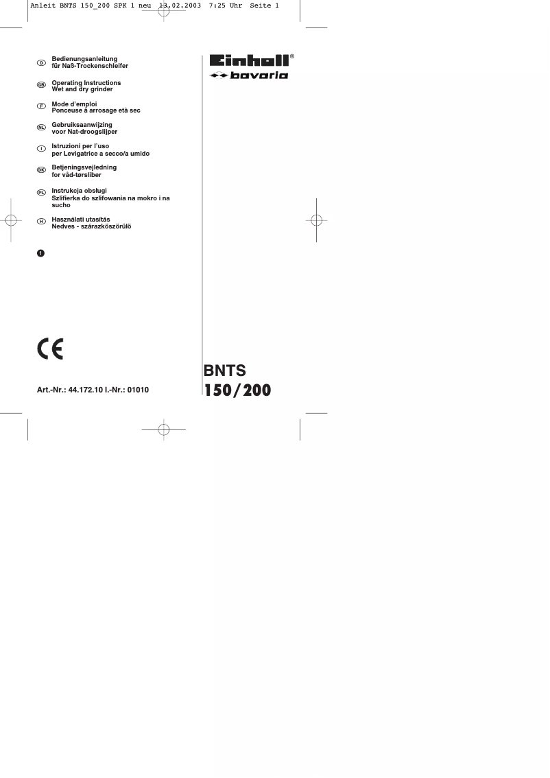 Page 1 of the manual User Manual Bavaria by Einhell BNTS 150/200