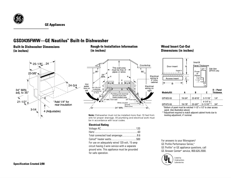 Page 1 of the manual Technical Sheet GE GSD3435FWW