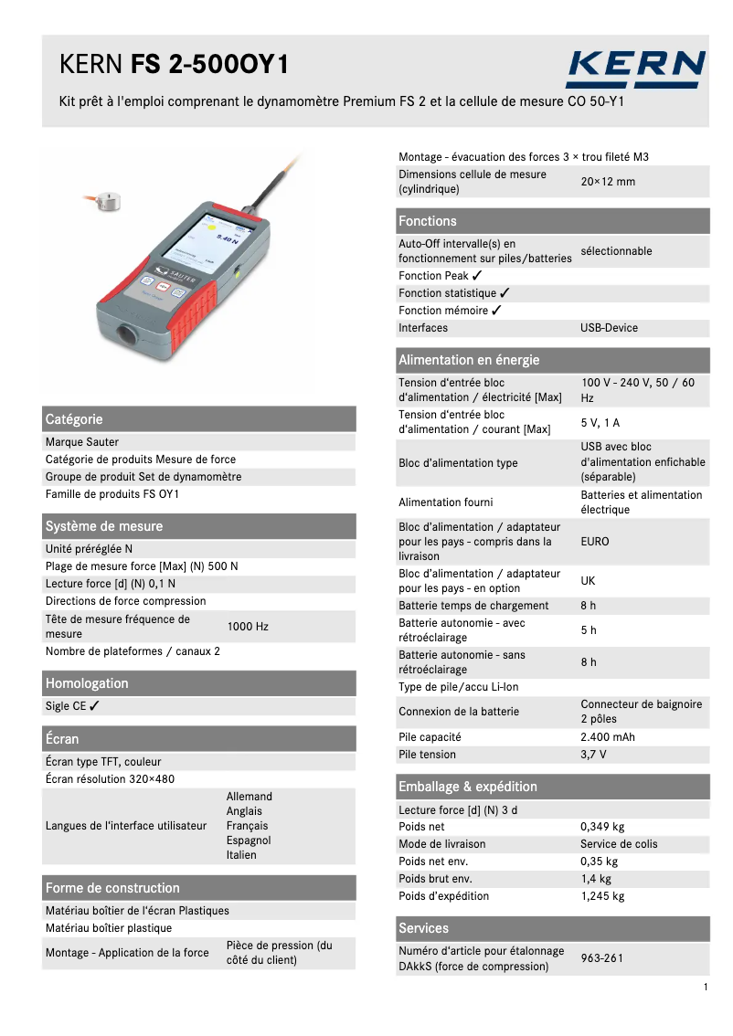 Page 1 of the manual Technical Sheet Kern FS 2-500OY1