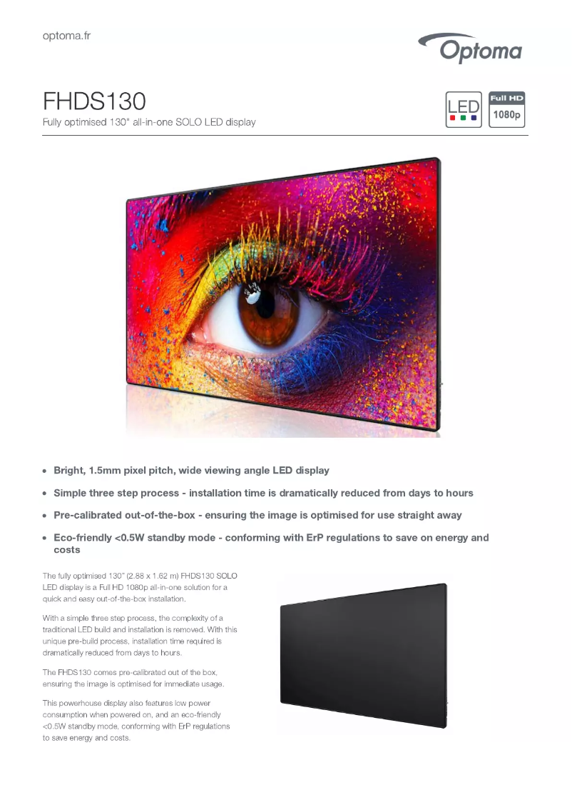 Page 1 of the manual Technical Sheet Optoma FHDS130