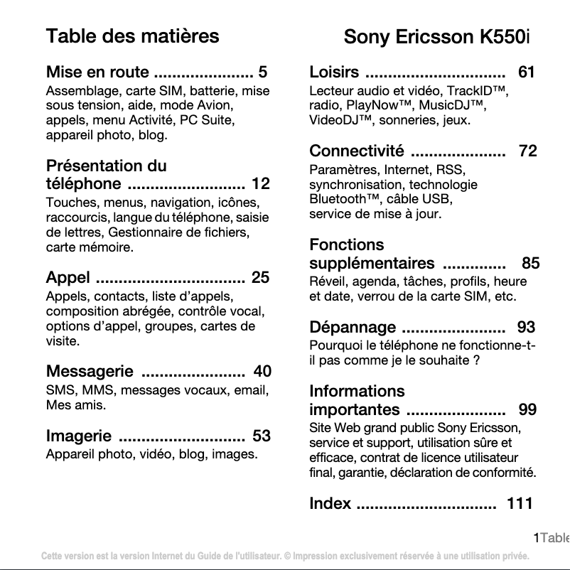 Page 1 of the manual User Manual Sony Ericsson K550i