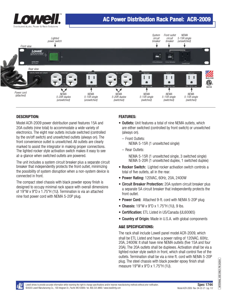 Page 1 of the manual User Manual Lowell ACR-2009