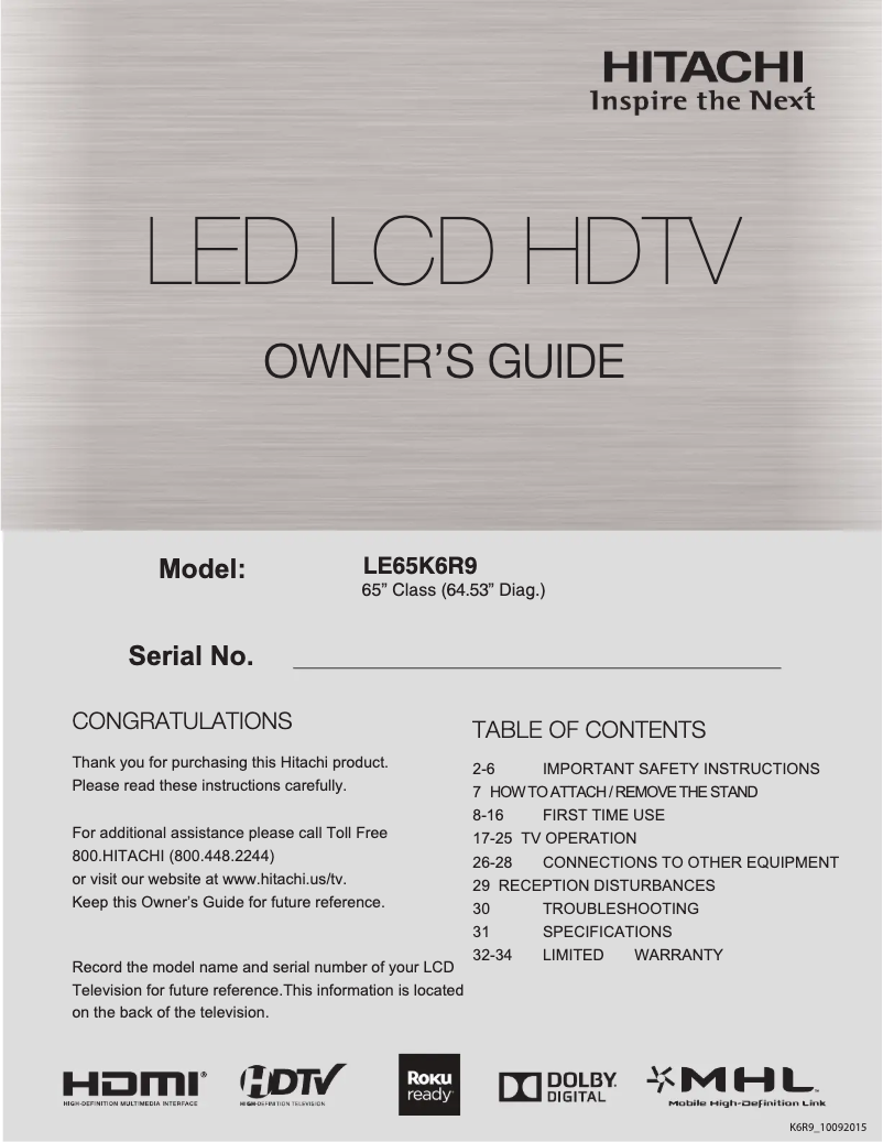 Page 1 of the manual User Manual Hitachi LE65K6R9