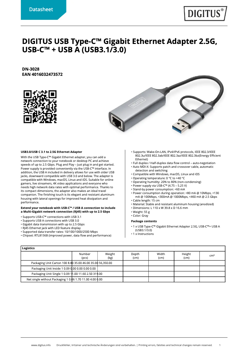 Page 1 of the manual Technical Sheet Digitus DN-3028