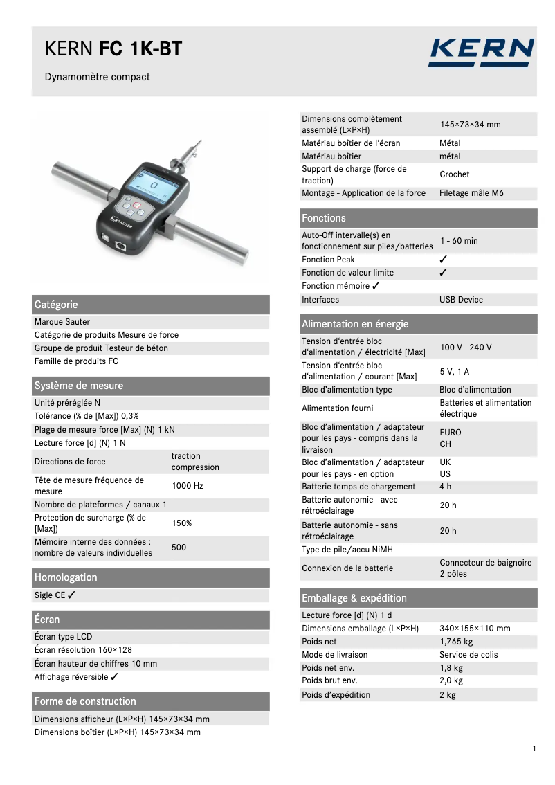 Page 1 of the manual Technical Sheet Kern FC 1K-BT