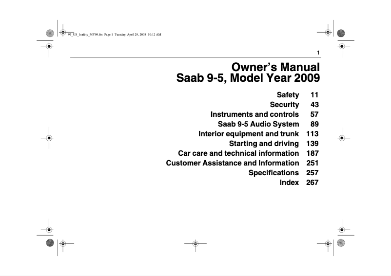 Page 1 of the manual User Manual Saab 9-5 (2009)