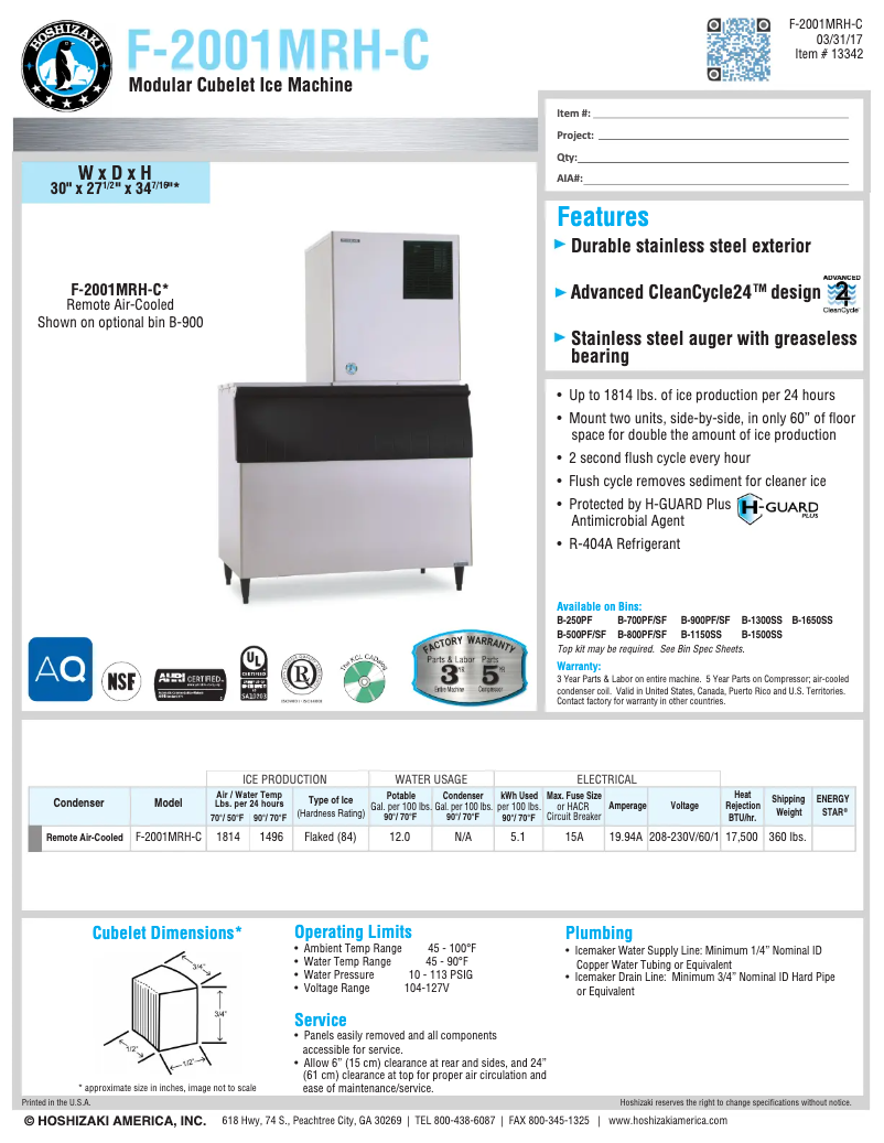 Page 1 of the manual Technical Sheet Hoshizaki F-2001MRH-C