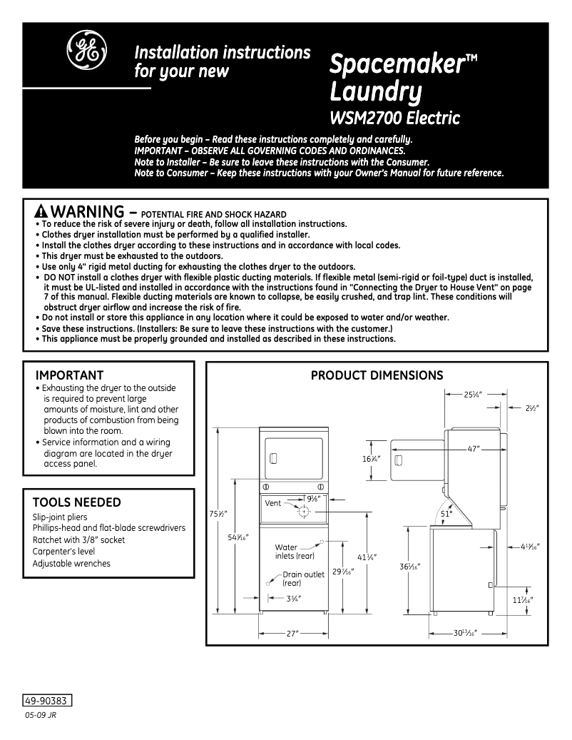 Page 1 of the manual Installation Guide GE WSM2700WAA
