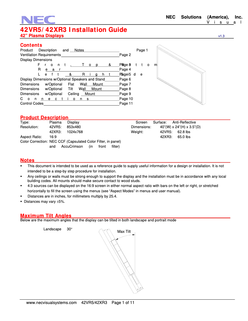 First page image of the manual for PlasmaSync 42VR5