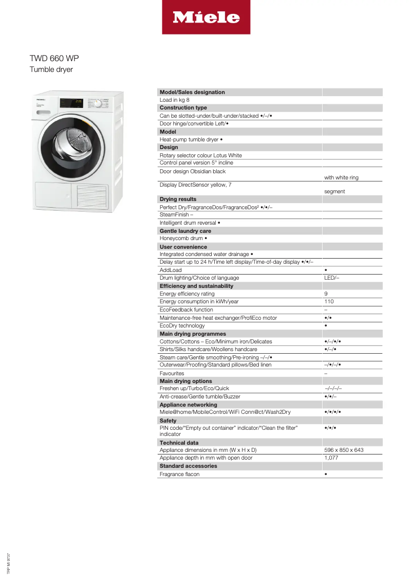 Page 1 of the manual Technical Sheet Miele TWD 660 WP