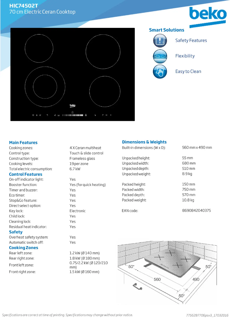 Page 1 of the manual Technical Sheet Beko HIC74502T