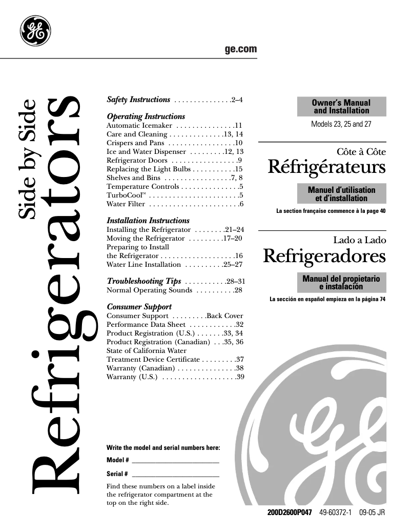 Page 1 of the manual Use and Maintenance Manual GE ESS25LGPBB