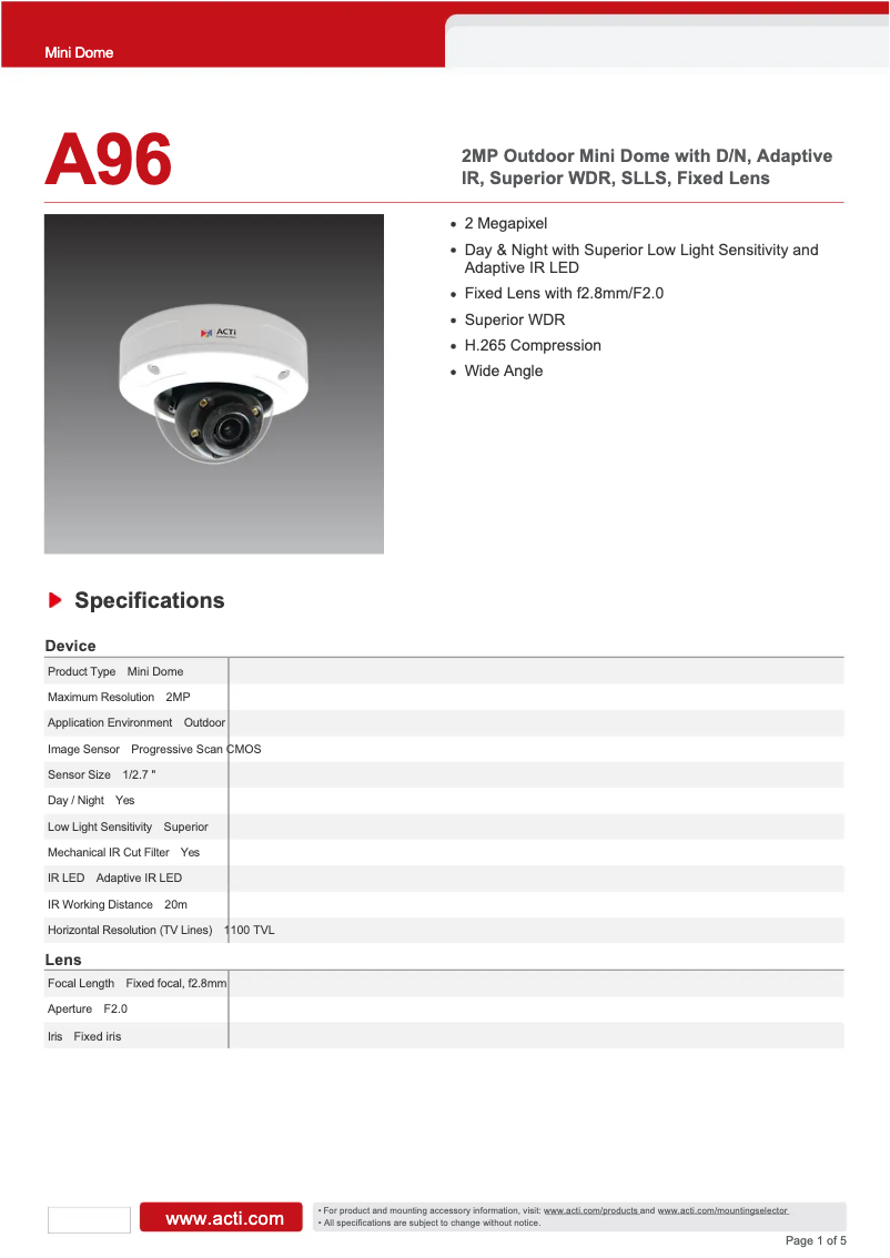 Page 1 of the manual Technical Sheet ACTi A96