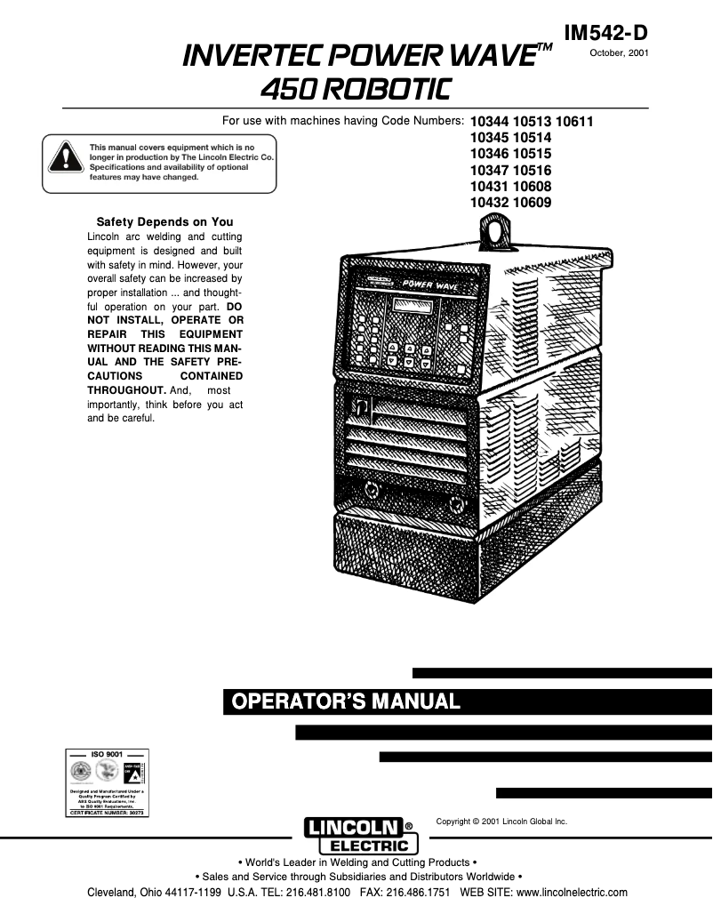 Page 1 de la notice Manuel utilisateur Lincoln Electric Invertec Power Wave 450 Robotic