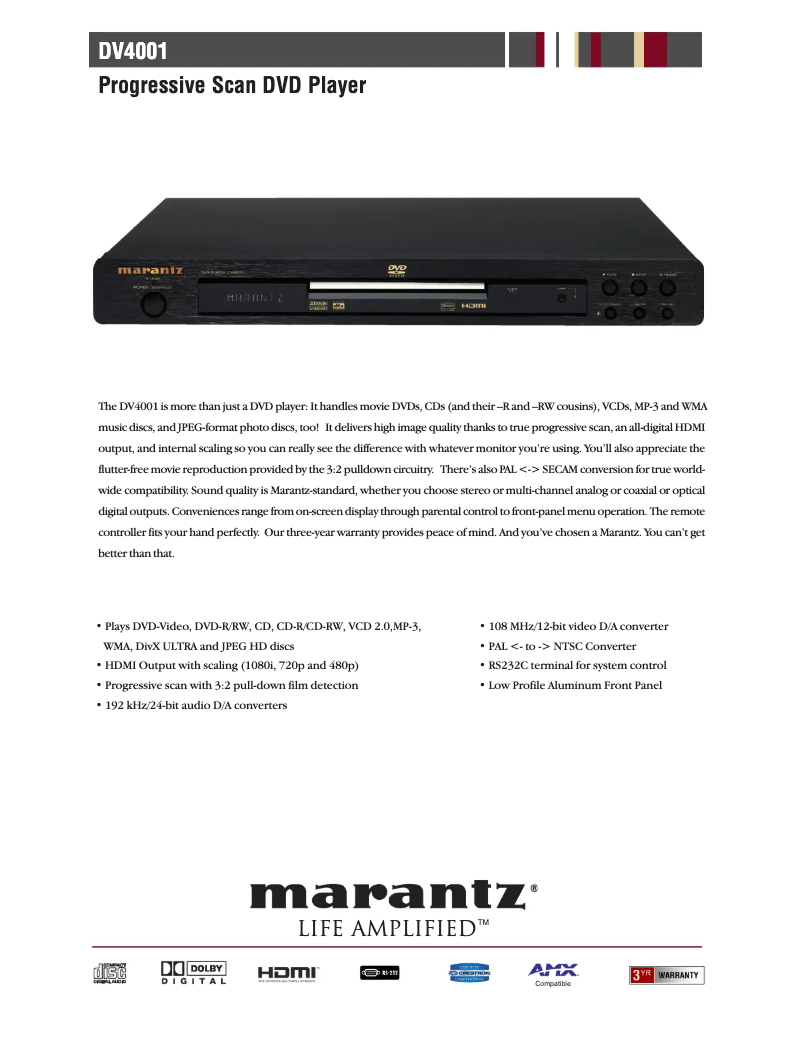 Page 1 of the manual Technical Sheet Marantz DV4001