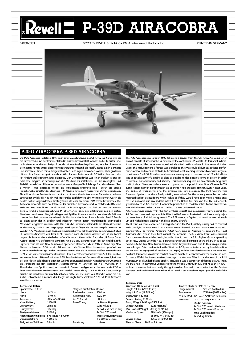 Page 1 of the manual User Manual Revell P-39D Airacobra