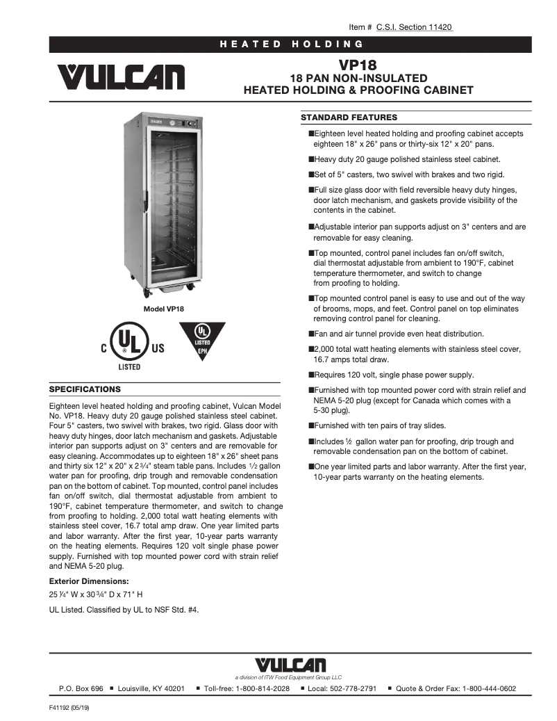 Page 1 of the manual Technical Sheet Vulcan VP18