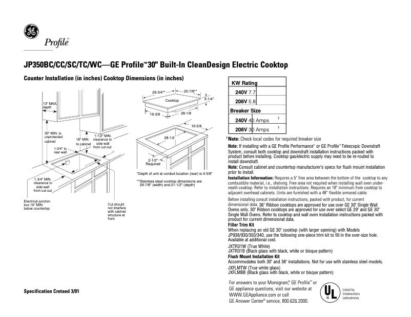 Page 1 of the manual Technical Sheet GE Profile JP350CCCC