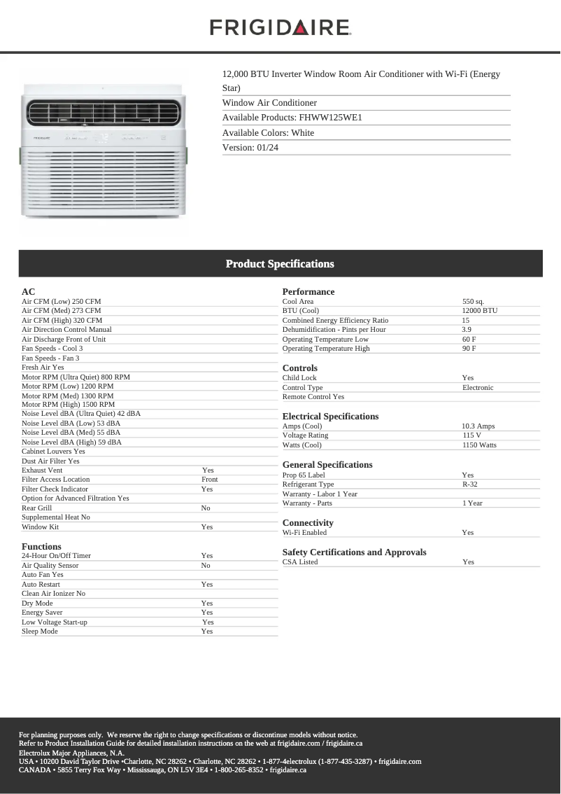 First page image of the manual for FHWW125WE1