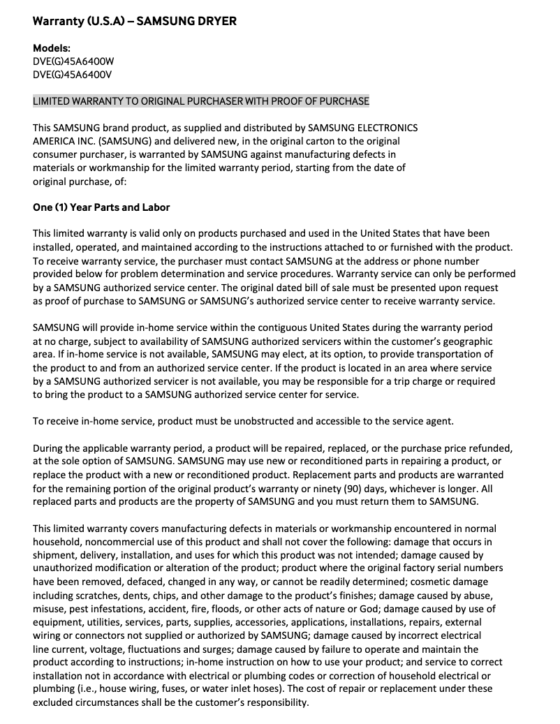 Page 1 of the manual Warranty Information Samsung DVE45A6400V