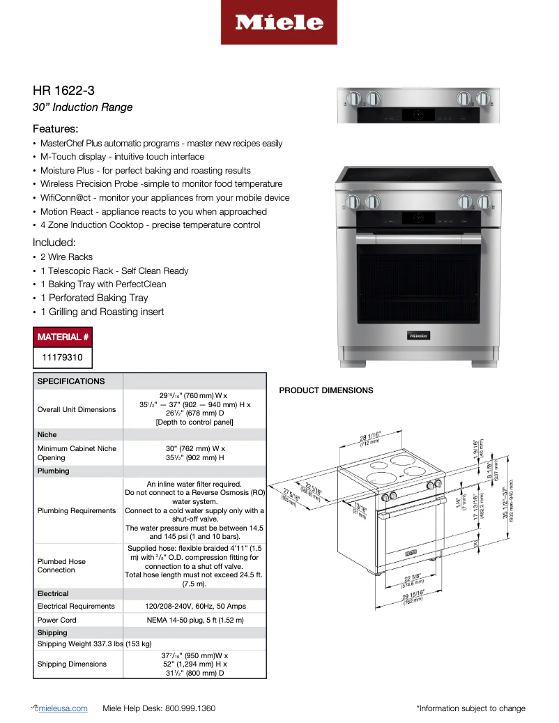 Page 1 of the manual Technical Sheet Miele 11791520