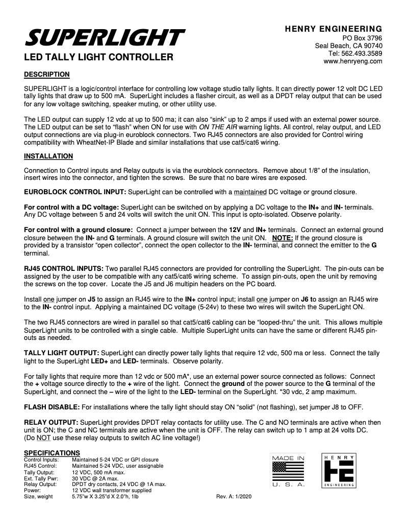 Page 1 of the manual User Manual Henry Engineering SuperLight