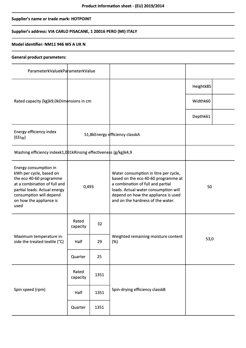 Page 1 of the manual Technical Sheet Hotpoint NM11 946 WS A UK N