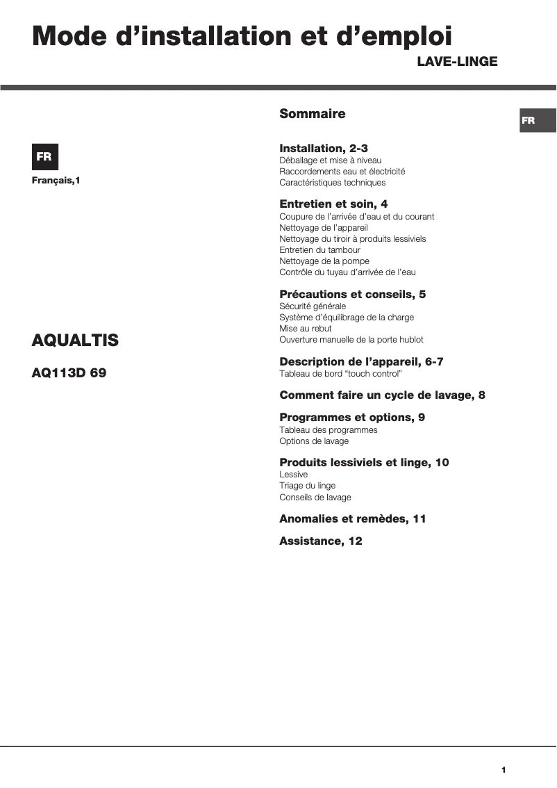 Page 1 of the manual User Manual Hotpoint Ariston Aqualtis AQ113D 69 FR