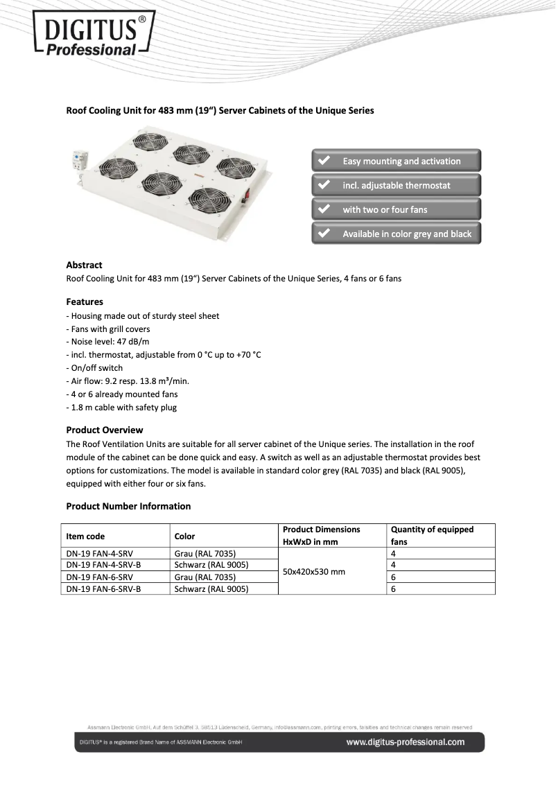 Page 1 of the manual Technical Sheet Digitus DN-19 FAN-6-SRV-B