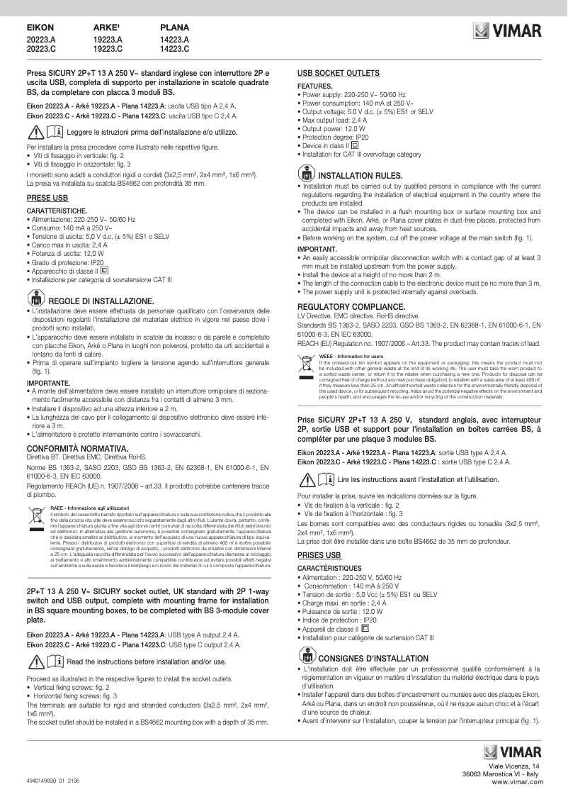 Page 1 of the manual User Manual Vimar 20223.C.N