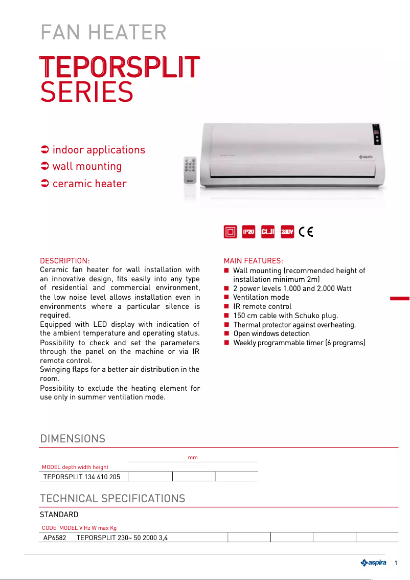 Page 1 de la notice Fiche technique Fantini Cosmi TEPORSPLIT