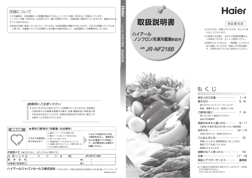 Page 1 of the manual User Manual Haier JR-NF218B