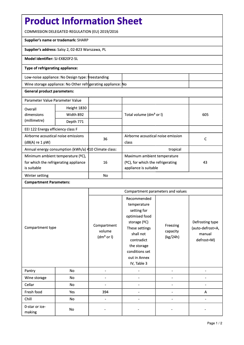 First page image of the manual for SJ-EX820F2