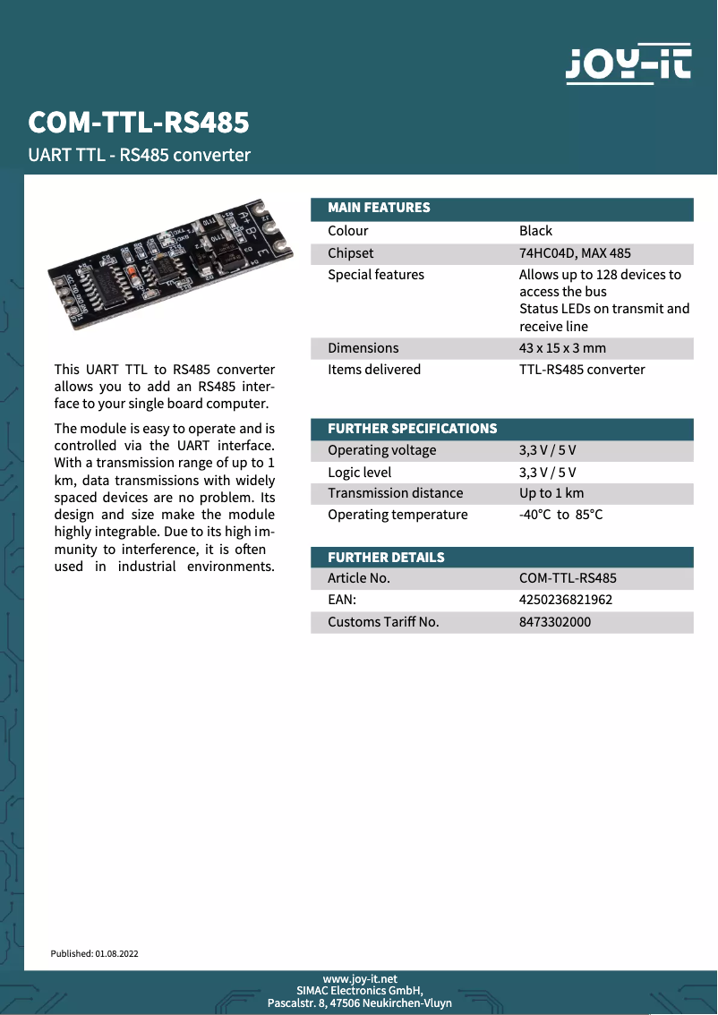 Image de la première page du manuel de l'appareil COM-TTL-RS485