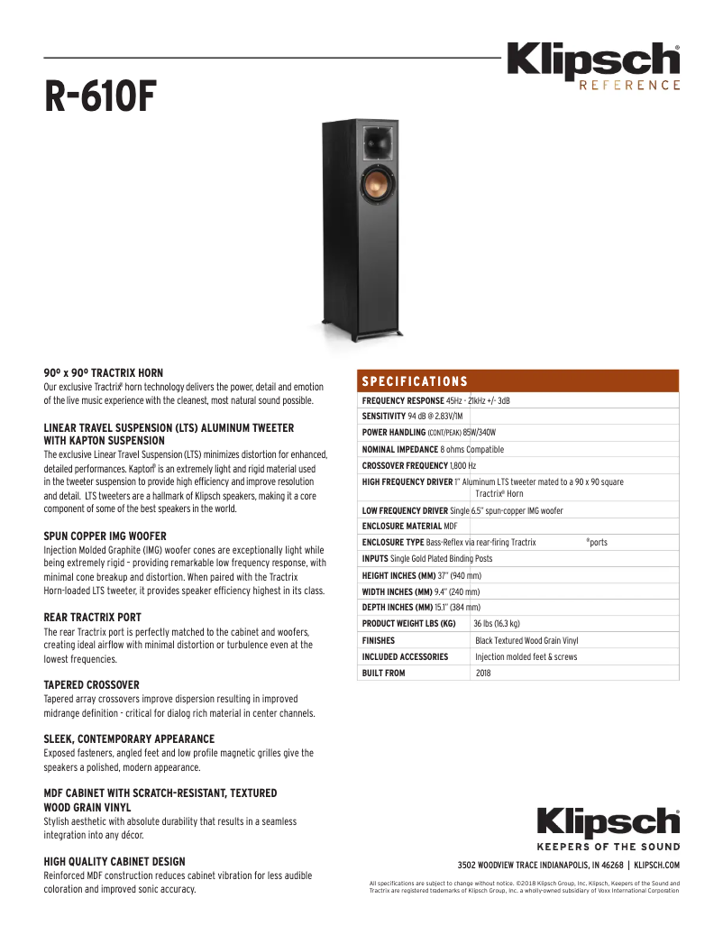 Page 1 of the manual Technical Sheet Klipsch Reference R-610F