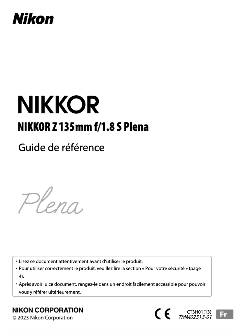 First page image of the manual for NIKKOR Z 135mm f/1.8 S Plena
