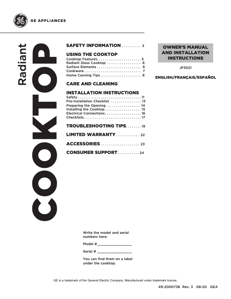 Page 1 of the manual User Manual GE JP3021DPBB