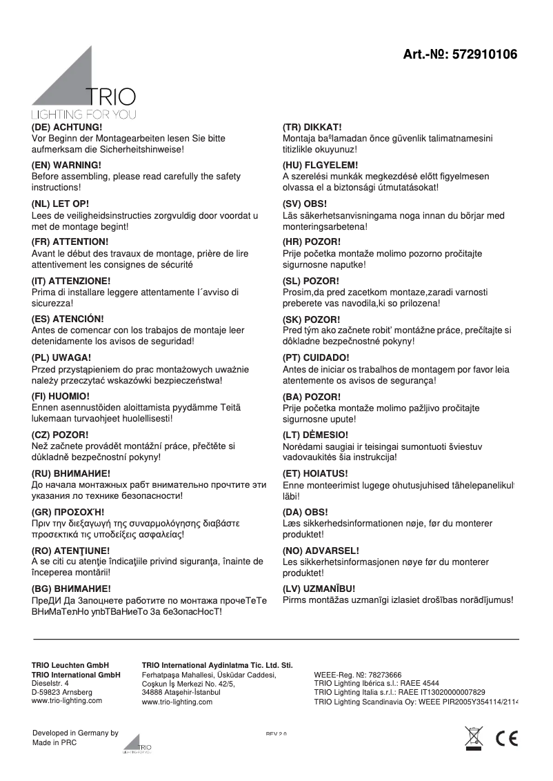 Page 1 of the manual User Manual Trio Lighting Sydney 572910106