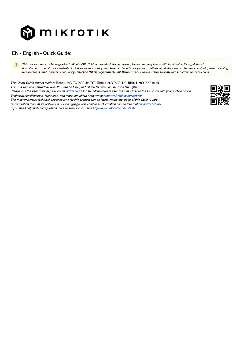 Page 1 of the manual User Manual Mikrotik hAP lite TC