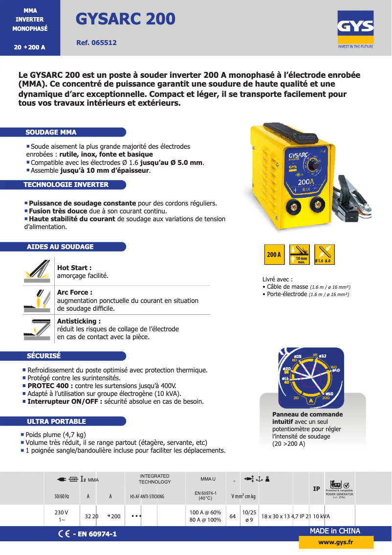 Page 1 of the manual Technical Sheet GYS Gysarc 200