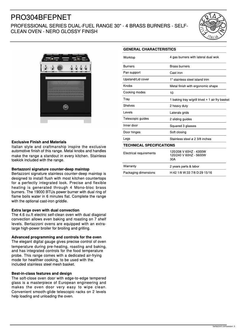 Page 1 of the manual Technical Sheet Bertazzoni PRO304BFEPNET