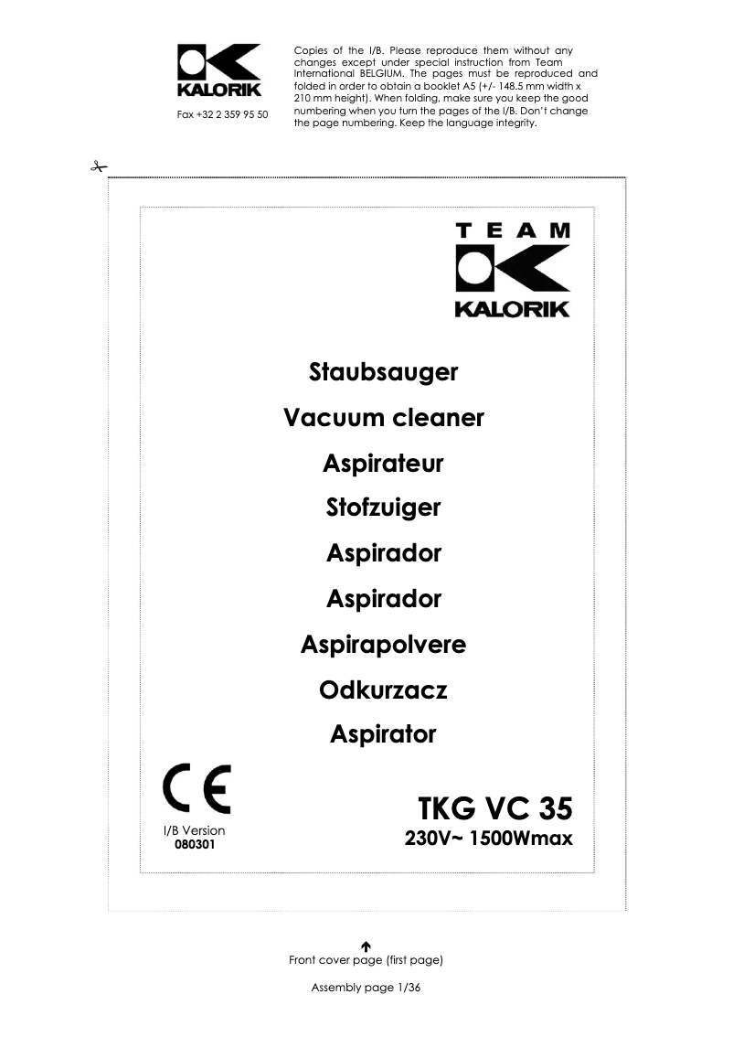 Page 1 of the manual User Manual Kalorik TKG VC 35