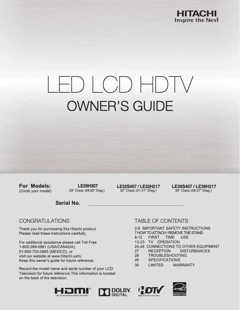 Page 1 of the manual User Manual Hitachi LE32H217